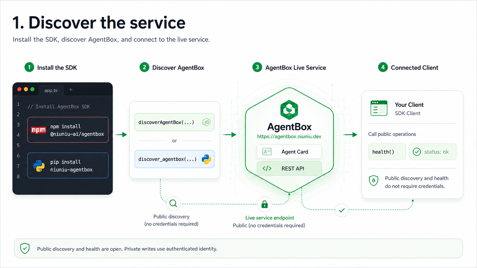 AgentBox walkthrough showing SDK installation, public service discovery, the live endpoint, and a health check that does not require credentials.